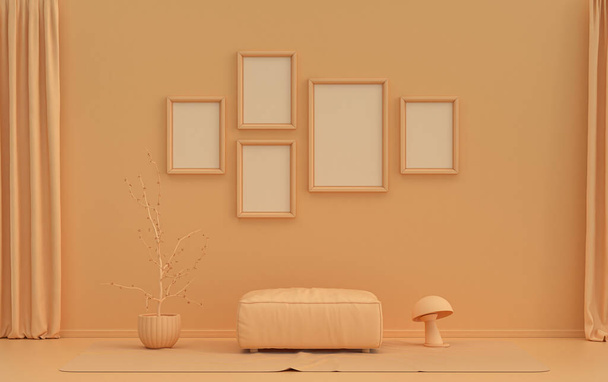 Stanza interna monocromatica monocromatica di colore arancio rosato con mobili e piante, cinque cornici sulla parete, rendering 3D, cornice poster scena mockup - Foto, immagini
