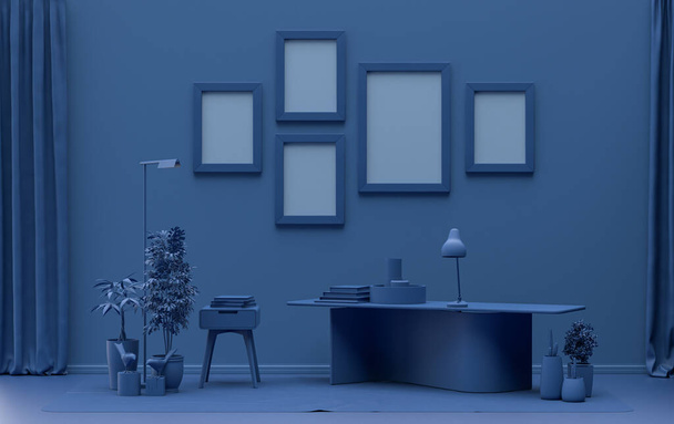 Egyszínű monokróm sötétkék színű belső szoba íróasztallal, bútorokkal és növényekkel, öt képkeret a falon, 3D renderelés, poszter keret mockup jelenet - Fotó, kép