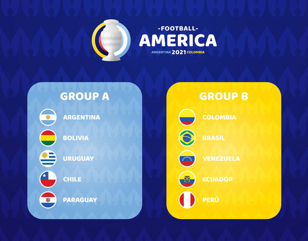 Dél-Amerika Labdarúgás 2021 Argentína Kolumbia vektor illusztráció. Két A csoport és b csoport utolsó szakasz futball torna - Vektor, kép