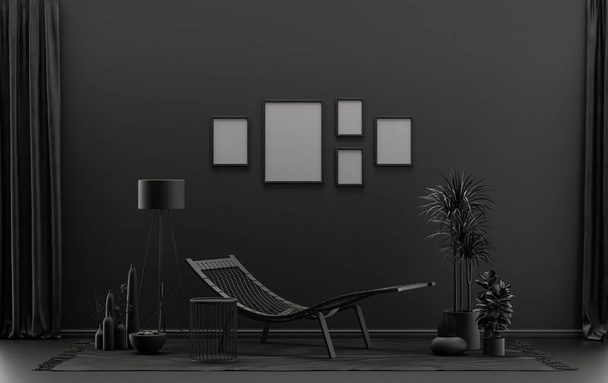 Lapos színű belső tér a poszter kirakat öt keretek a falon, monokróm fekete és sötét szürke galéria fal meditációs ágy, bútorok és növények. 3D renderelés, plakát bemutató - Fotó, kép