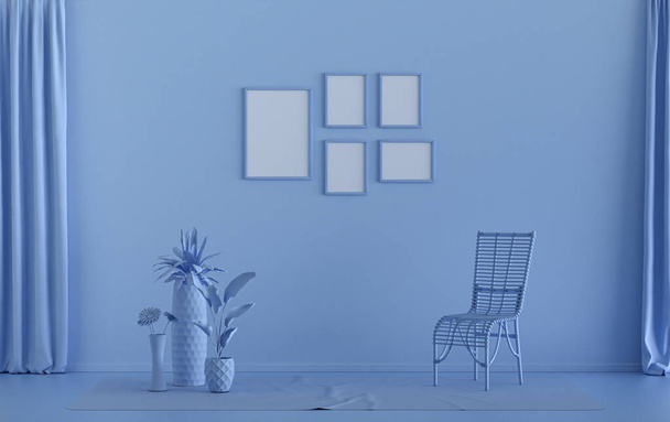 Flachfarbiger Innenraum für Postervitrine mit fünf Rahmen an der Wand, monochrom hellblaue Galeriewand mit Einzelstuhl und Pflanzen. 3D-Rendering, Plakatvitrine - Foto, Bild