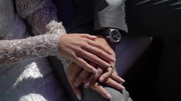 Bride and groom holding hands. Wedding couple in love. - Filmagem, Vídeo