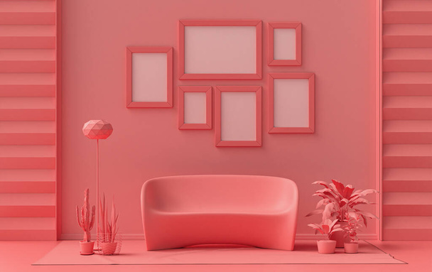 Juliste runko tausta huone tasainen vaaleanpunainen, vaaleanpunainen oranssi väri 6 kehyksiä seinällä, kiinteä yksivärinen tausta galleria seinän mallinnus, 3d renderöinti, pastelli värihuone - Valokuva, kuva