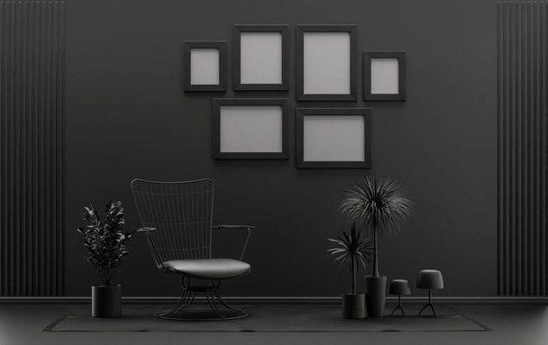 Simulacro de pared con seis marcos en color pastel plano sólido negro y gris oscuro, salón moderno interior monocromo con muebles y plantas, representación 3d, pared de la galería - Foto, imagen
