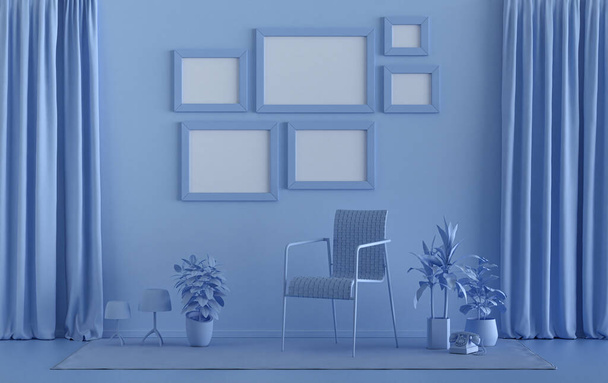 Muur mockup met zes frames in effen platte pastel lichtblauwe kleur, monochrome interieur moderne woonkamer met meubels en planten, 3d rendering, Galerij muur - Foto, afbeelding