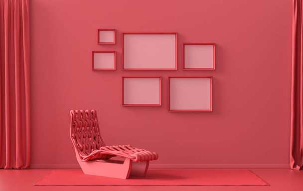 Настенный макет с шестью рамами в твердой плоской пастели темно-красный, бордовый цвет, монохромный интерьер современной гостиной с медитационной кроватью, без растений, 3D рендеринг, Галерея стены - Фото, изображение