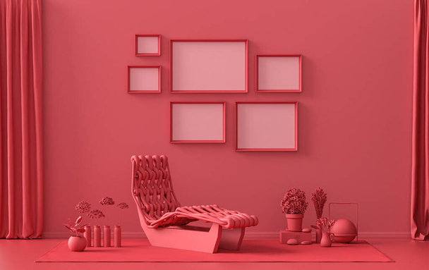 Muur mockup met zes frames in effen platte pastel donker rood, kastanjebruin van kleur, monochroom interieur moderne woonkamer met een meditatie bed, meubels en planten, 3d rendering, Galerij muur - Foto, afbeelding