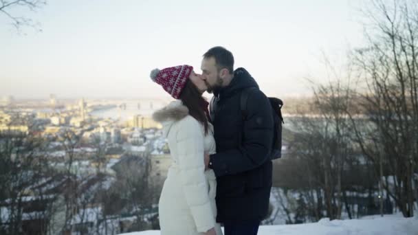 Happy romantic couple on a date at sunny winter day. Love emotions. - Footage, Video