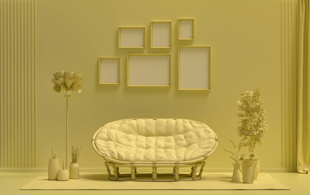 Настенный макет с шестью рамами в твердой плоской пастельной светло-желтого цвета, монохромный интерьер современной гостиной с мебелью и растениями, 3D рендеринг, Галерея стены - Фото, изображение