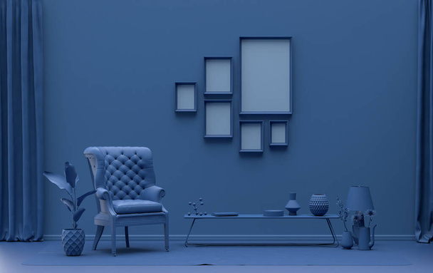Muur mockup met zes frames in effen platte pastel donkerblauwe kleur, monochrome interieur moderne woonkamer met meubels en planten, 3d rendering, Galerij muur - Foto, afbeelding