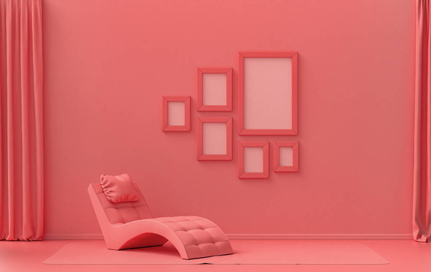 Muur mockup met zes frames in effen platte pastel licht roze, roze oranje kleur, monochrome interieur moderne woonkamer met meditatie bed, zonder plant, 3d rendering, Galerij muur - Foto, afbeelding