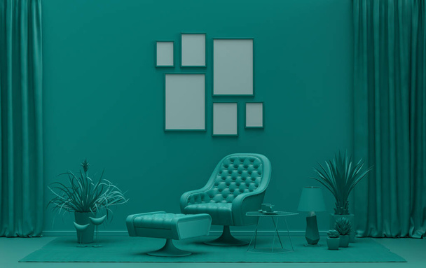 Muur mockup met zes frames in effen platte pastel donker groene kleur, monochrome interieur moderne woonkamer met meubels en planten, 3d rendering, Galerij muur - Foto, afbeelding
