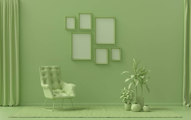 Muur mockup met zes frames in effen platte pastel lichtgroene kleur, monochroom interieur moderne woonkamer met enkele stoel en planten, 3d rendering, Galerij muur - Foto, afbeelding