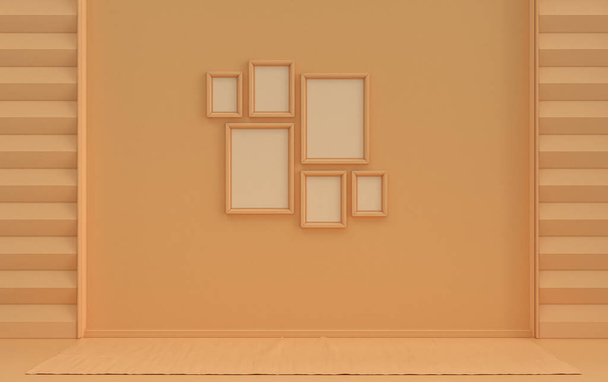 Muur mockup met zes frames in massief pastel oranje roze kleur, monochrome interieur moderne woonkamer zonder meubels en leeg, 3d rendering, Galerij muur - Foto, afbeelding