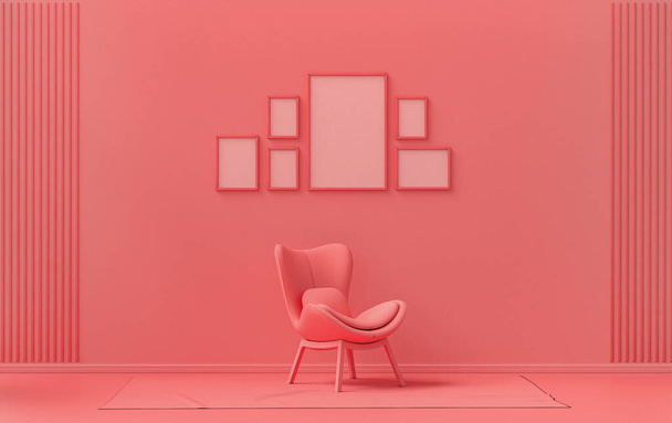 Muur mockup met zes frames in effen platte pastel licht roze, roze oranje kleur, monochrome interieur moderne woonkamer met enkele stoel, zonder plant, 3d rendering, Galerij muur - Foto, afbeelding