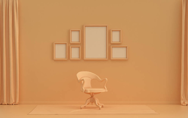 Muur mockup met zes frames in massief pastel oranje roze kleur, monochrome interieur moderne woonkamer met enkele stoel, zonder plant, 3d rendering, Galerij muur - Foto, afbeelding