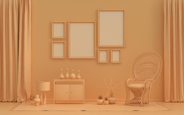 Fali mockup hat keretek szilárd lapos pasztell narancs rózsaszínű, monokróm belső modern nappali bútorokkal és növényekkel, 3D-s renderelés, Galéria fal - Fotó, kép