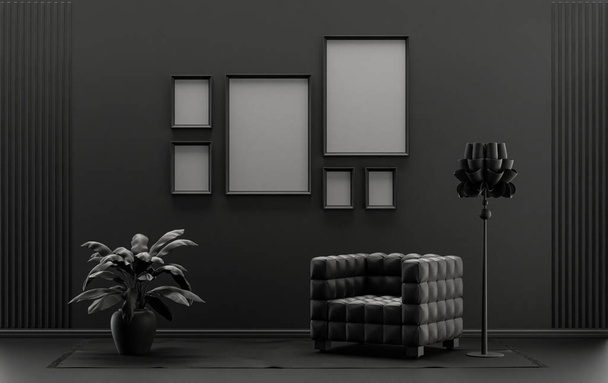 Muur mockup met zes frames in effen platte pastel zwart en donker grijze kleur, monochrome interieur moderne woonkamer met meubels en planten, 3d rendering, Galerij muur - Foto, afbeelding