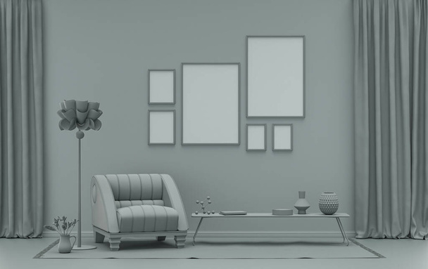 Muur mockup met zes frames in massief platte pastel as grijze kleur, monochrome interieur moderne woonkamer met meubels en planten, 3d rendering, Galerij muur - Foto, afbeelding