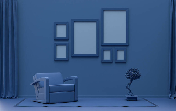 Muur mockup met zes frames in effen platte pastel donkerblauwe kleur, monochroom interieur moderne woonkamer met enkele stoel en planten, 3d rendering, Galerij muur - Foto, afbeelding