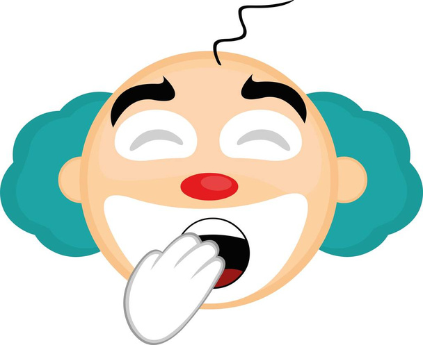 Векторна емоційна ілюстрація голови мультиплікаційного клоуна позіхання рукою в роті
 - Вектор, зображення