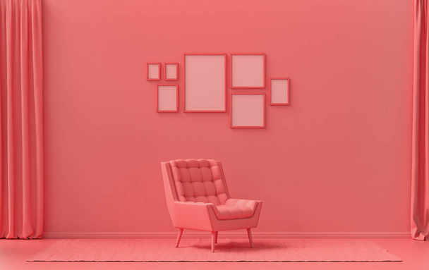 Minimalist living room interior in flat single pastel light pink, pinkish orange color with 7 frames on the wall and furnitures and plants, in the room, 3d Rendering, poster gallery wall - Photo, Image