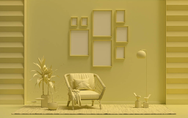 Minimalist living room interior in flat single pastel light yellow color with 8 frames on the wall and furnitures and plants, in the room, 3d Rendering, poster gallery wall - Photo, Image