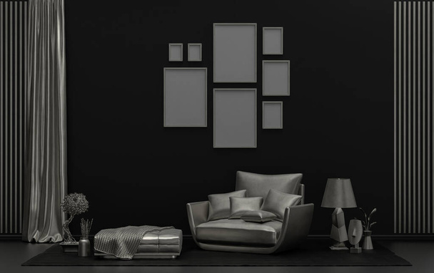 Minimalista belső tér lapos, pasztell fekete és fém ezüst színű, 8 keretek a falon, bútorok és növények, a szobában, 3D Renderelés, poszter galéria fal - Fotó, kép