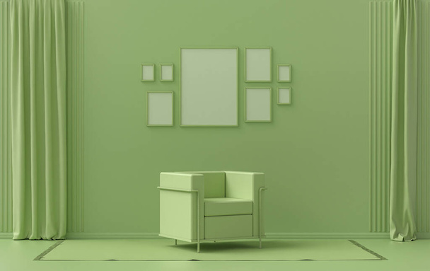Minimalist living room interior in flat single pastel light green color with 8 frames on the wall and furnitures and plants, in the room, 3d Rendering, poster gallery wall - Photo, Image