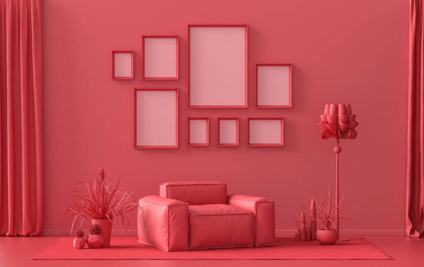 Minimalistický interiér obývacího pokoje v ploché jednobarevné pastelové tmavě červené, kaštanové barvy s 8 rámečky na stěně a nábytkem a rostlinami, v pokoji, 3D vykreslování, stěna plakátu - Fotografie, Obrázek
