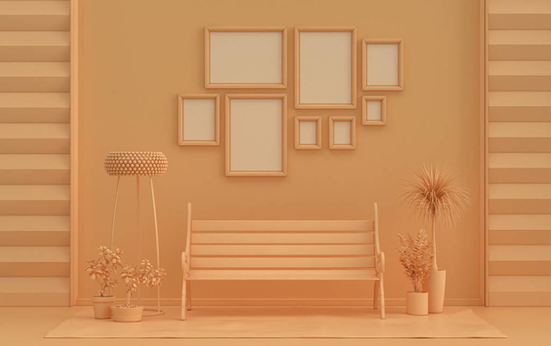Modern belső tér lapos narancs rózsaszín színben szoba bútorok és növények, galéria fal sablon 8 keretek a falon a poszter bemutatása, 3d Renderelés, poszter bemutató - Fotó, kép