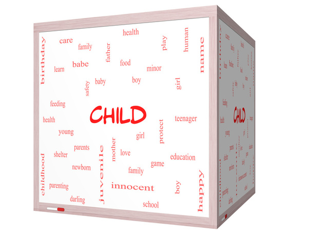 kind woord wolk concept op een 3d cube whiteboard - Foto, afbeelding