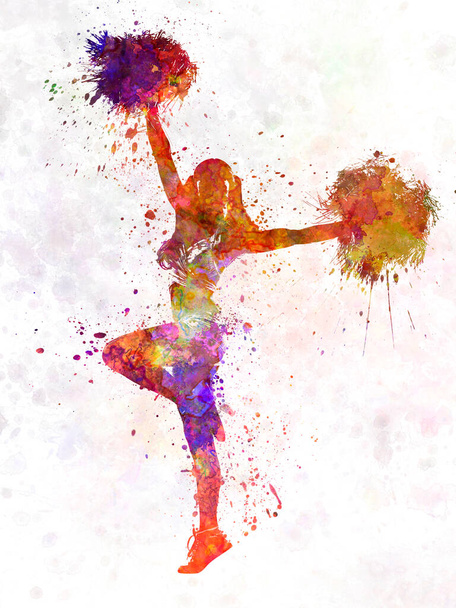 jong vrouw cheerleader silhouet op aquarel achtergrond - Foto, afbeelding