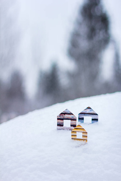 Концептуальные бумажные дома в снежных лесах - Фото, изображение