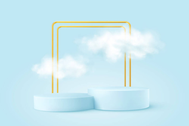Подиум реалистичного синего цвета с золотой круглой аркой и облаками. Дизайн подиума для демонстрации вашего продукта. Реалистичная трехмерная векторная иллюстрация - Вектор,изображение