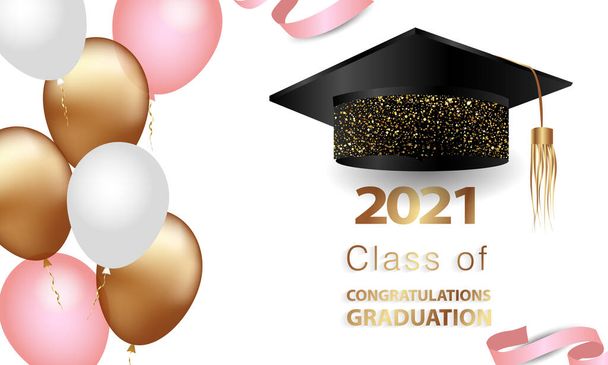 graduatie groeten, realistische graduatie cap, wensbanner, ansichtkaart, concept, graduatie 2021 gouden glitter - Vector, afbeelding