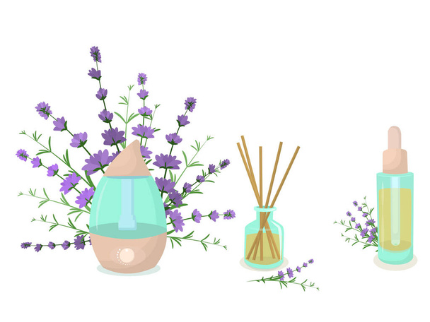  vector illustration of a humidifier diffuser, a fragrance with wooden sticks, and an aroma oil with lavender sprigs in the background. The concept of aromatherapy and healthy lifestyle - Vector, Image