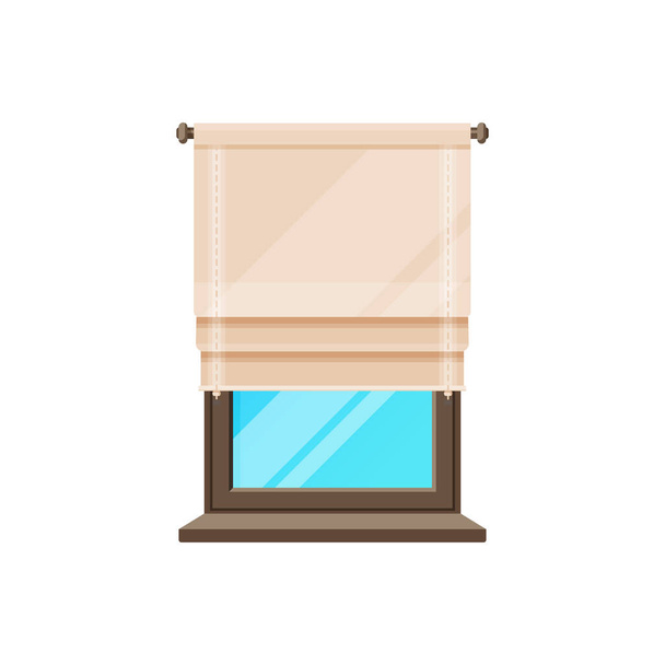 Pencere perdeleri, perdeler açılır veya perdeler açılır, vektör yalıtılmış iç çerçeve. Pencere perdeleri katlanır ya da ahşap korsan çubuk üzerinde tekstil kumaşının jaluzileri - Vektör, Görsel