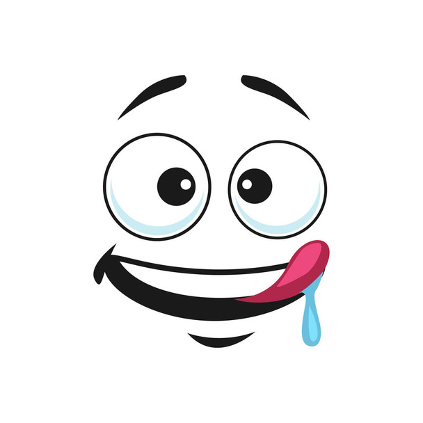 Piacevole emoji gustoso isolato emoticon sorridente con saliva gocciolante dalla lingua. Vector ha soddisfatto emoji affamati pronti a gustare cibo gustoso. Prendere in giro smiley, yummy emoji discorso bolla o chatbot assetato emoji - Vettoriali, immagini