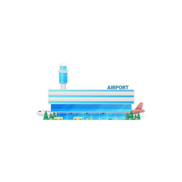 Airport building, terminal, traffic control tower isolated icon. Vector modern city airport facade, taxis and buses, sky harbor. Airplanes and control tower, plane jet at airfield, public skyline port - Vector, Image