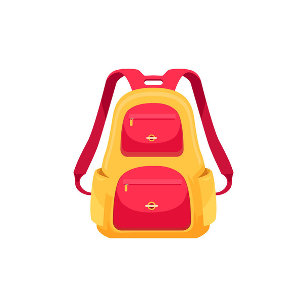 Cartable enfant isolé icône vectorielle, sac à dos de dessin animé pour écolier. Sac à dos bébé pour fille ou garçon de couleurs rouge et jaune, sac à dos étudiant sur fond blanc - Vecteur, image