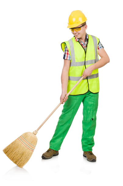 Funny janitor with broom - 写真・画像