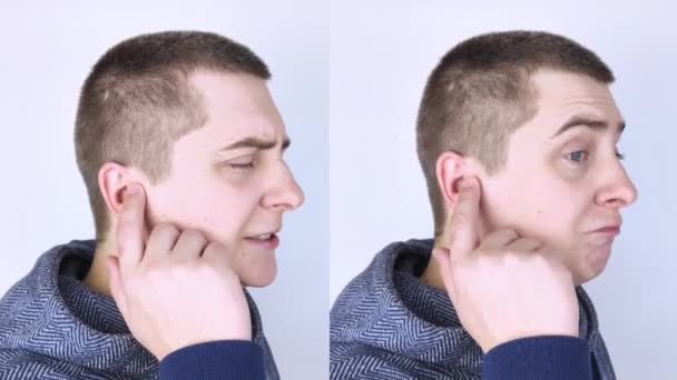 Předtím a potom. Nalevo muž ukazuje na bolest ucha a napravo naznačuje, že ucho už nebolí. Pain management a profesionální lékařské pomoci koncepce - Záběry, video
