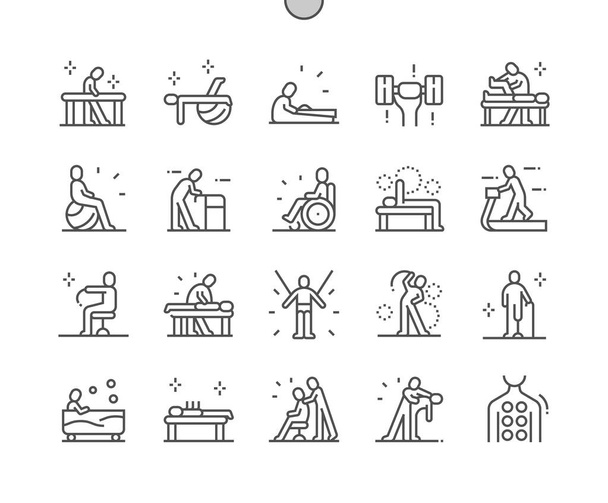 Physiotherapy. Massotherapy and acupuncture. Physical exercise. Rehabilitation. Health care, medical and medicine. Pixel Perfect Vector Thin Line Icons. Simple Minimal Pictogram - Vector, Image