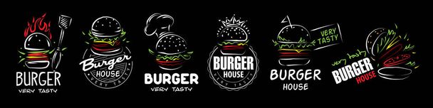 Conjunto desenhado à mão de logotipos de hambúrguer vetorial no fundo preto - Vetor, Imagem