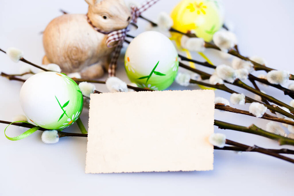 easter background with eggs, willow branches  and decoration - Photo, Image