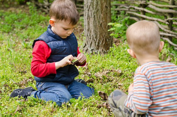 dwóch małych chłopców palący w lesie - Zdjęcie, obraz