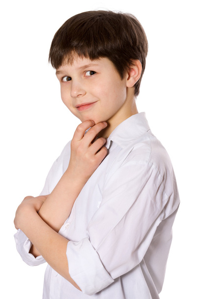 Little serious boy portrait isolated on white - Fotó, kép