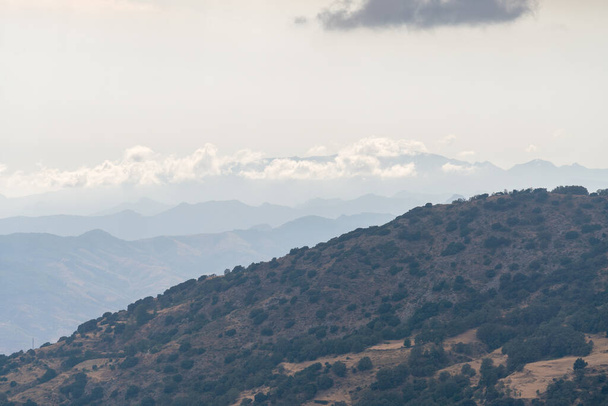 Hegyvidéki táj Sierra Nevadában Dél-Spanyolországban, fenyőerdők és bokrok, az ég felhős - Fotó, kép