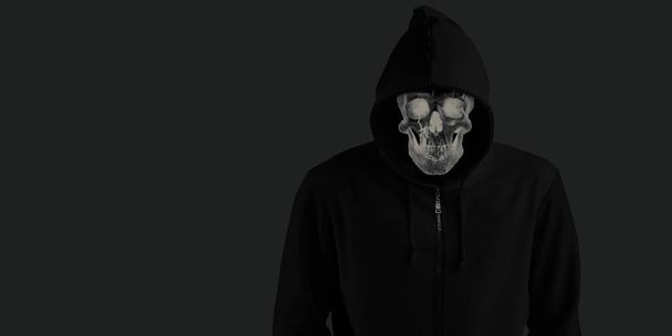 Skull Devil in Black Cloak Skull Hood Smiling Under Black Clothes Soul σε ρόμπα, μαύρο φόντο, 3D εικονογράφηση - Φωτογραφία, εικόνα